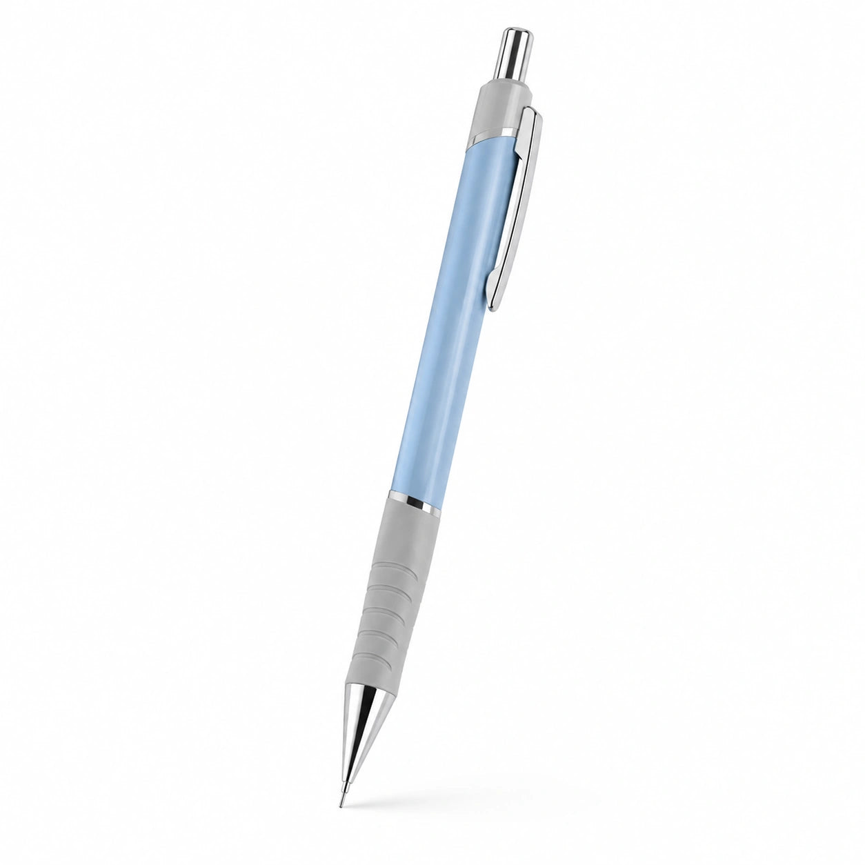 Blauer Druckbleistift mit grauem Griff und Clip